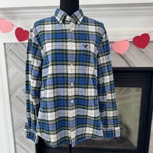 American Eagle Classic Fit Blue & Green Plaid‎ Button-Down Flannel Shirt M/M